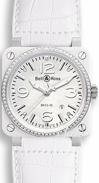 Bell & Ross Aviation Biały/Skóra 42x42 mm BR 03 White Ceramic Diamonds